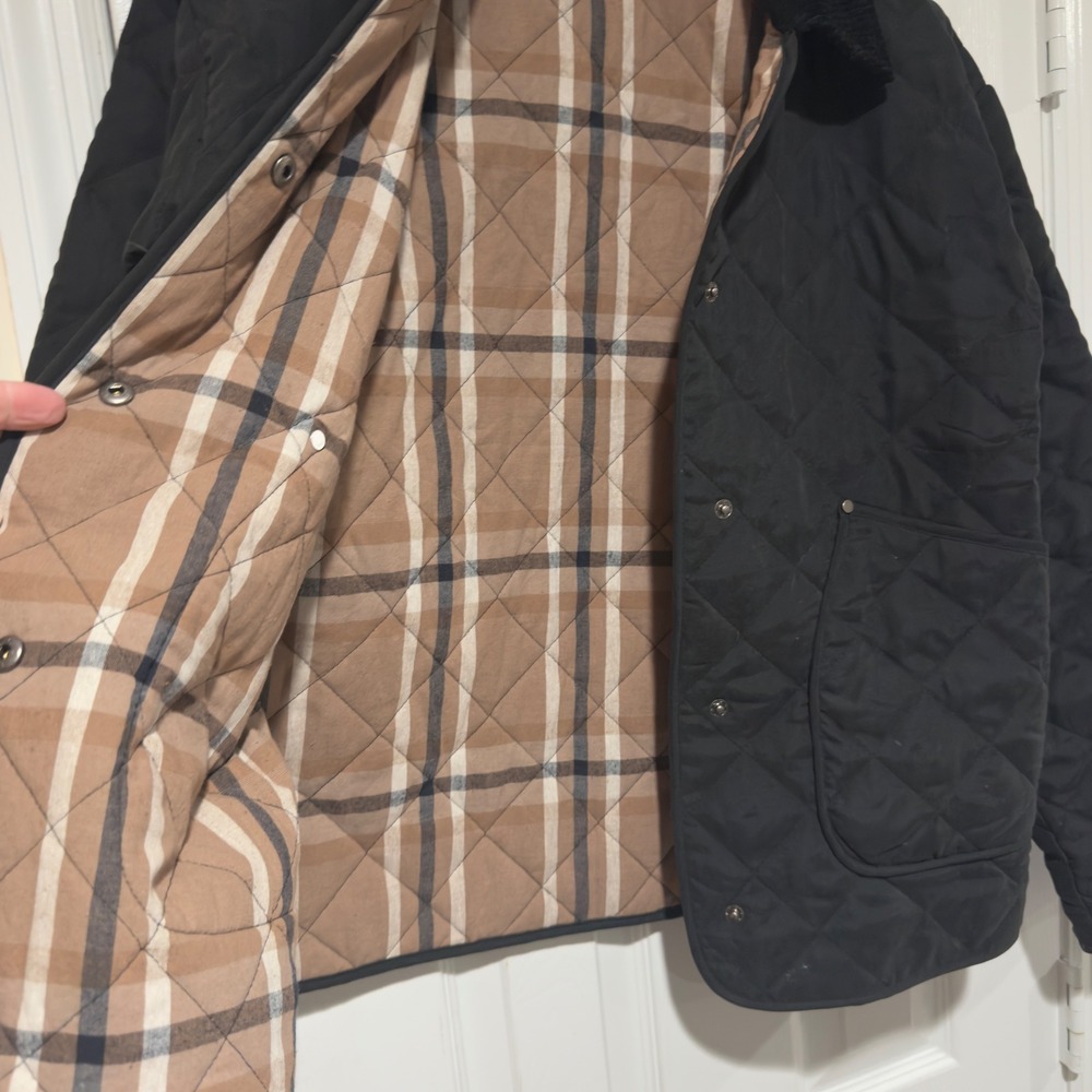 Mystree‎ Quilted Barn Jacket  Small Black Snap Front Corduroy Collar Plaid Line - Picture 6 of 7